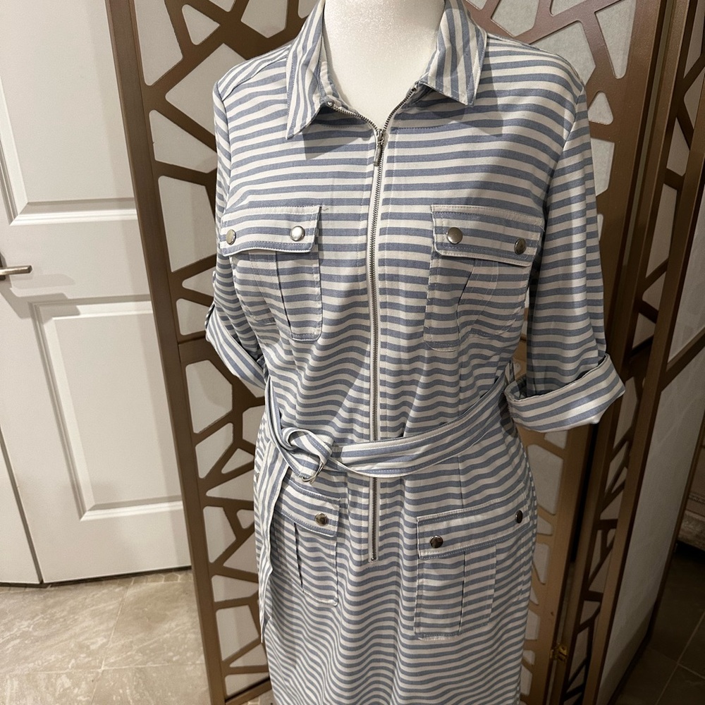 Sharagano Blue and White Striped Belted Dress
